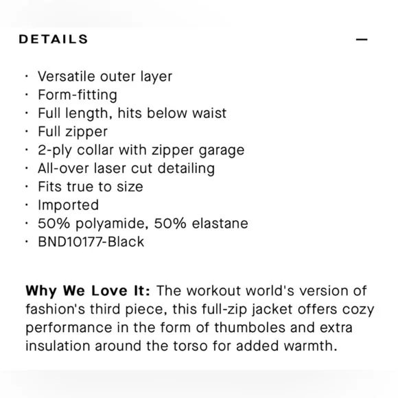 NWT $170 Bandier Encore Full Zip Jacket in Black Size Small